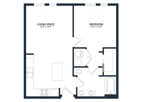 Floor plan for 1 bed, 1 bath, 696 sqft